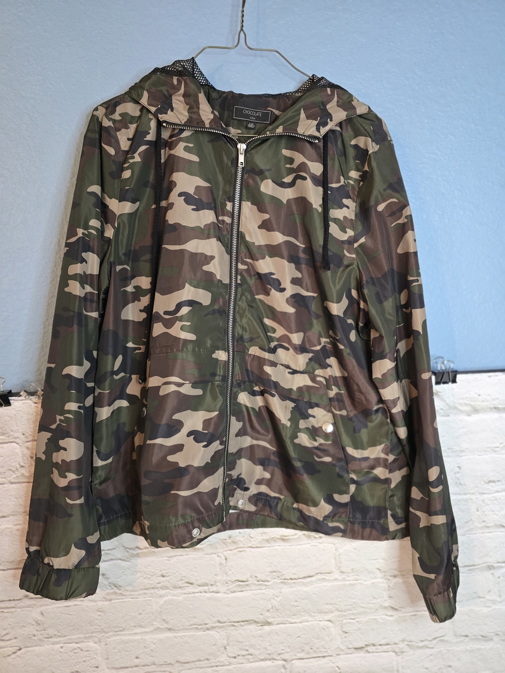 Chocolate Camo Hooded Zip Windbreaker Jacket Sz L